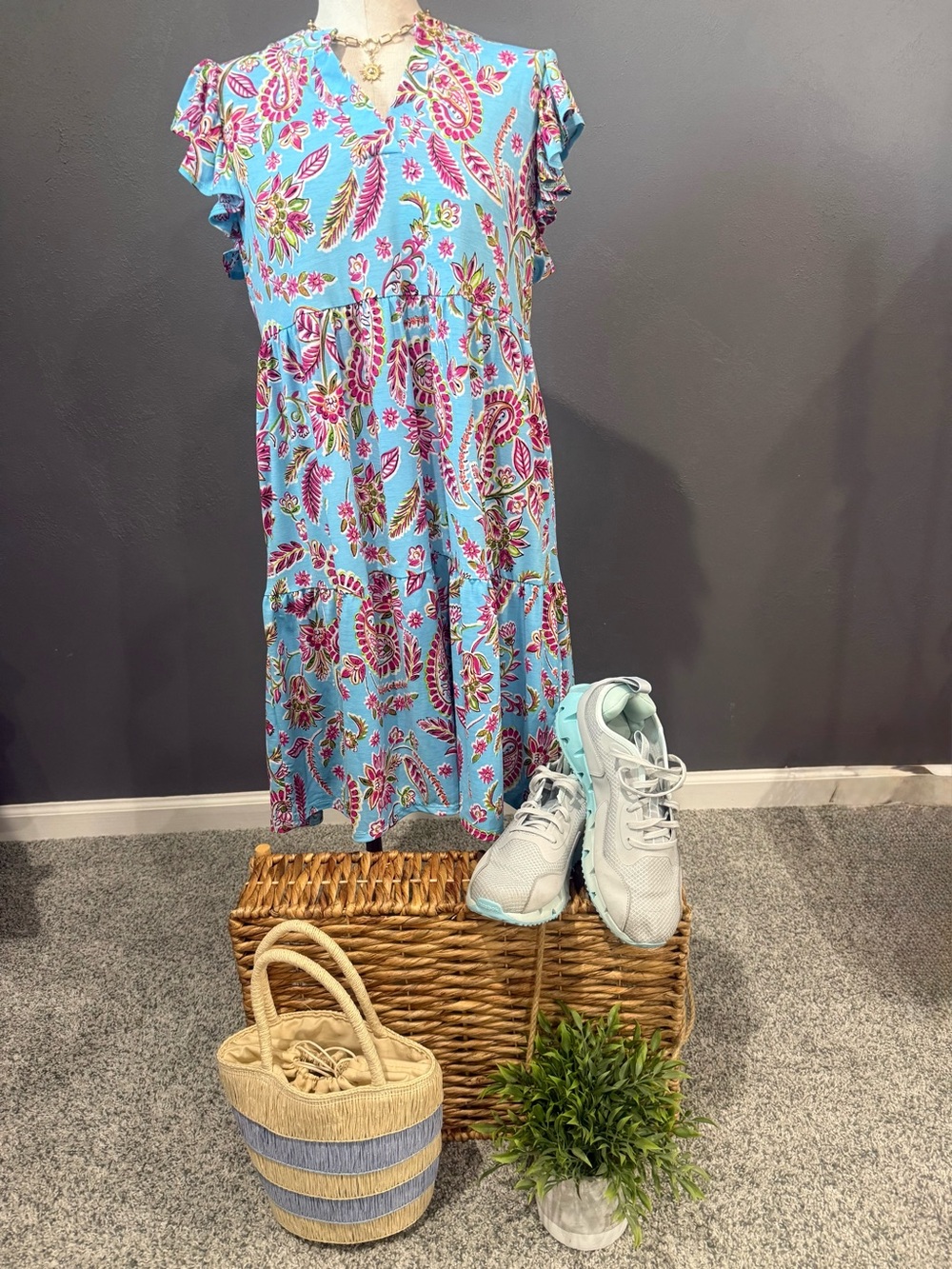 Light Blue Paisley V-Neck Tiered Mini Dress - Picture 2 of 7